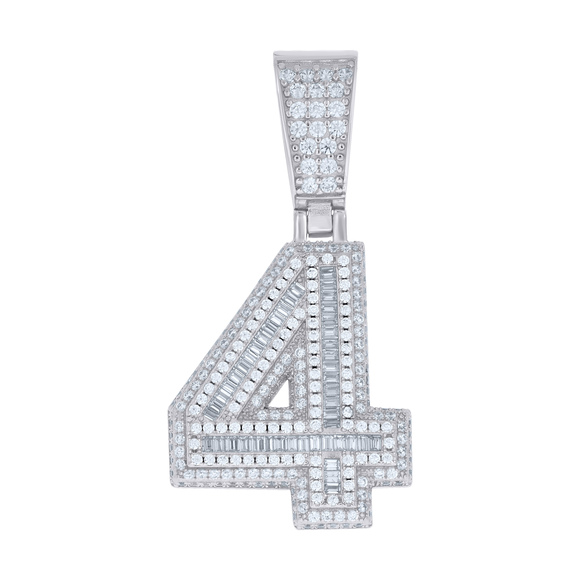 925 Sterling Silver Round Baguette Cubic-Zirconia Initial Number 4 Charm Pendant